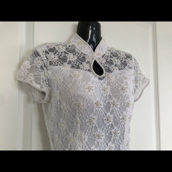 White Hand Beaded Lace Cheongsam QiPao Gown Short Sleeve Dress - Picture 5 of 5